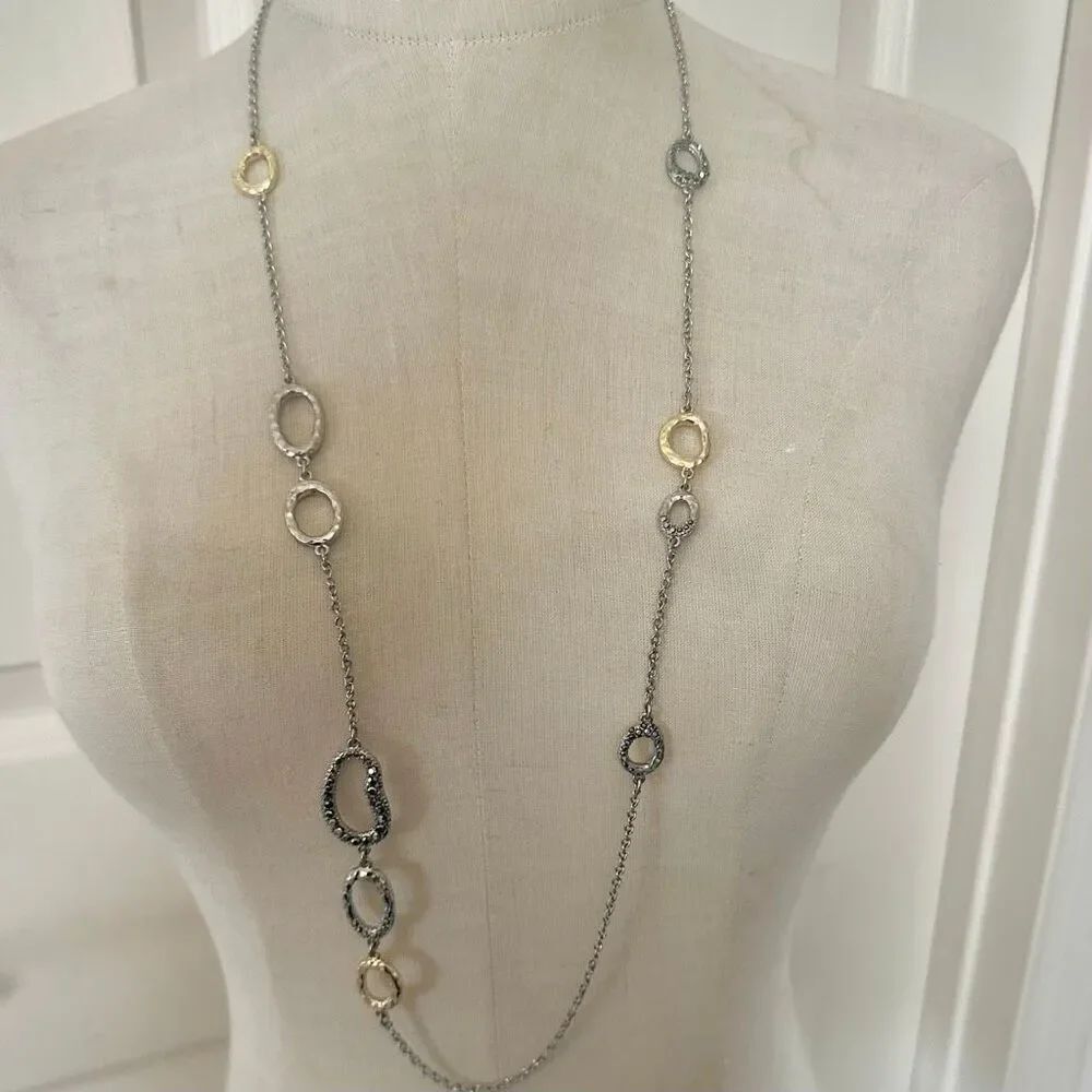 Liz Claiborne Hammered Oval Link Necklace, Silver & Gold-Tone with Marcasite-Sty